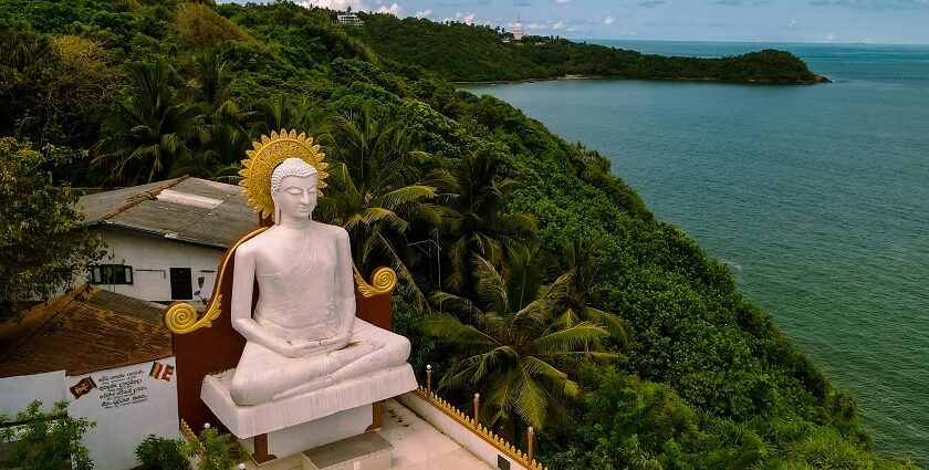 A breathtaking view of a large statue of Buddha surrounded by lush greenery and an ocean.