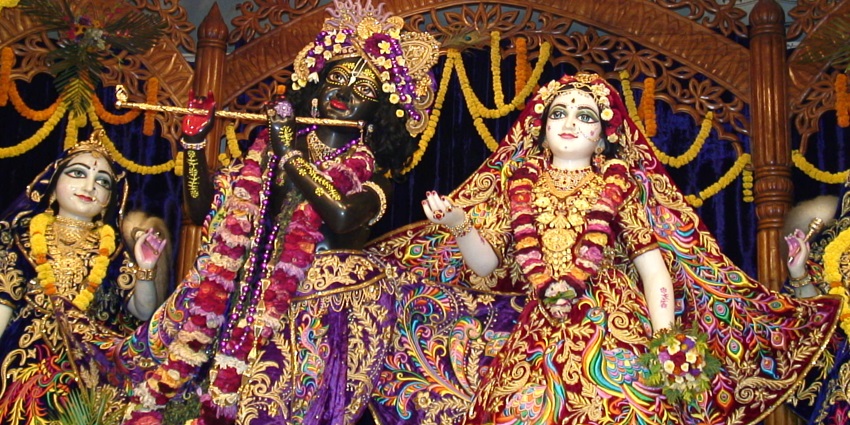 A picture of a decorated shrine of Lord Krishna and Radha Rani at a temple in Delhi