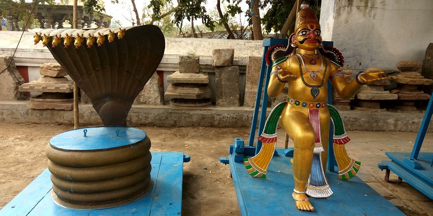Sacred copper Lord idols at the Andhra Mahavishnu Temple in Srikakulam, Krishna District, Andhra Pradesh.