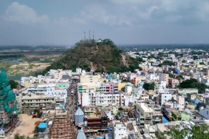 An aerial view of Srikalahasti town located in the state of Andhra Pradesh, India.