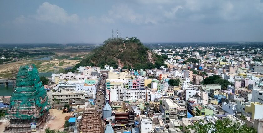 An aerial view of Srikalahasti town located in the state of Andhra Pradesh, India.