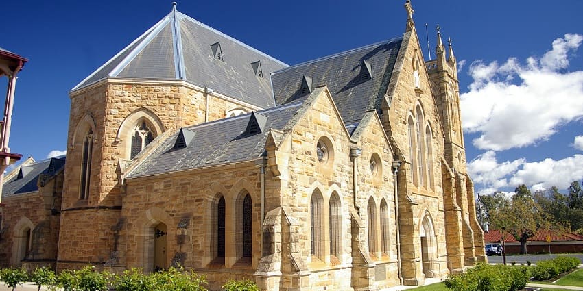 Panoramic image of the beautiful St. Michael's Catholic Church surrounded by scenic landscape