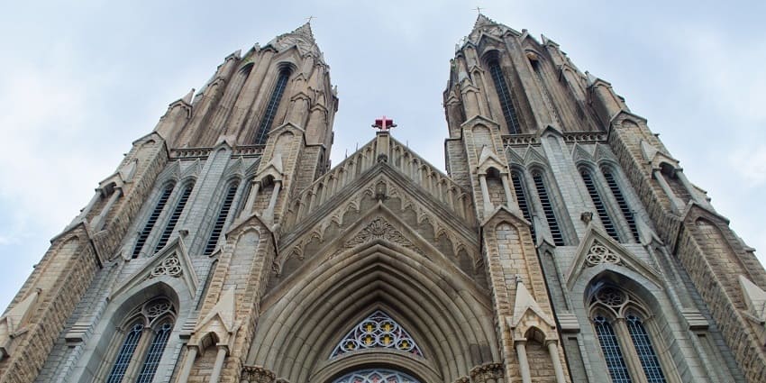 The front view of the grand St. Philomena’s Church built in 1936 in Gothic architecture.