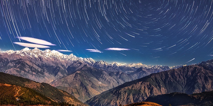 Starry night sky over Langtang National Park highlighting its serene natural beauty.