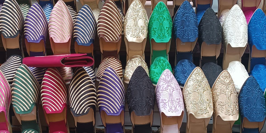 A glimpse of colourful embroidered footwear being sold at the Station Road Market.