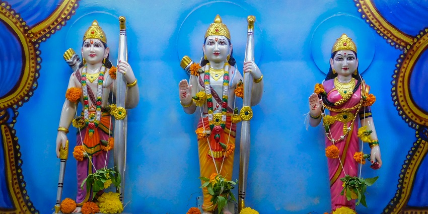 Statues of Lord Rama, Sita Mata, and Laxman beautifully displayed together.
