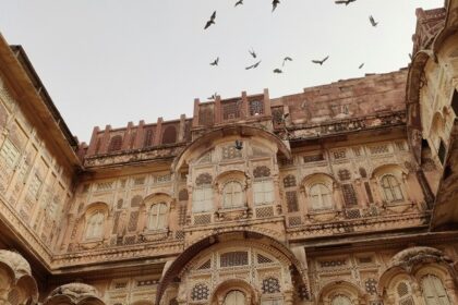 The upper view of the Sujangarh fort with the historic structures and intricate carvings