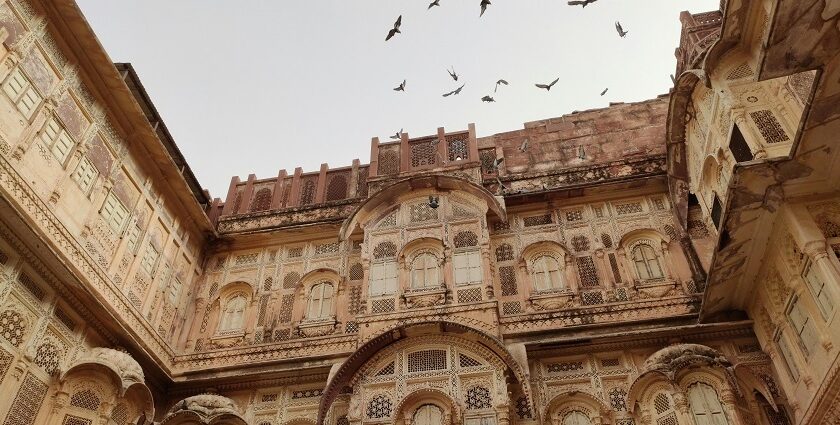 The upper view of the Sujangarh fort with the historic structures and intricate carvings