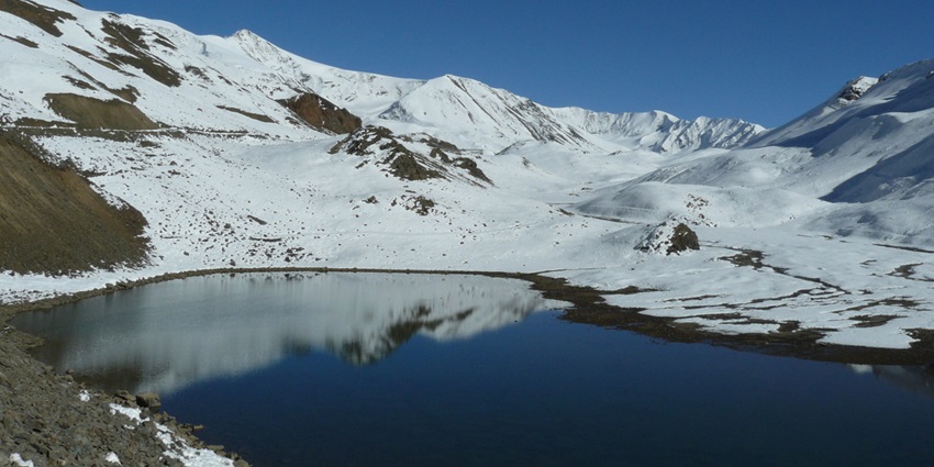 A scenic view of Suraj Tal, a picturesque attraction to explore in Spiti Valley in May.