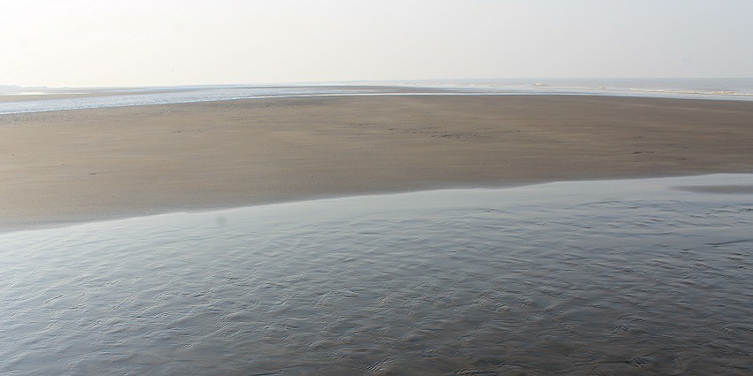 An isolated sandy beach with activities such as kite flying and paragliding.