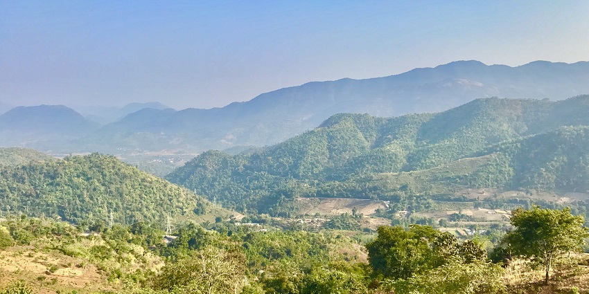 The panoramic view from the hill surrounded by lush greenery.