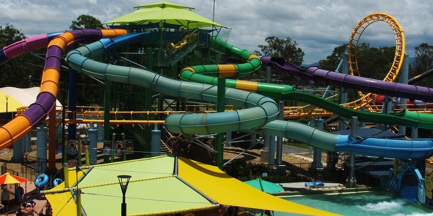 The Swapna Srushti water park features various water slides.