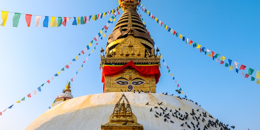 The Swayambhunath Temple, one of the most famous temples in Nepal, with its iconic stupa.