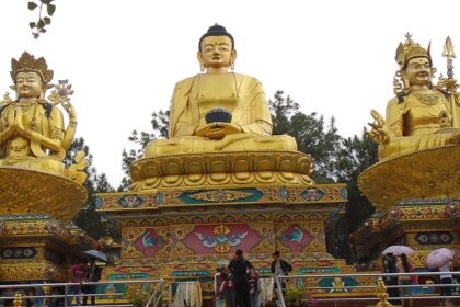 Photo of Swayambhunath Temple's iconic stupa with golden spire and prayer flags.