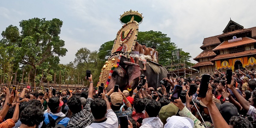 Thrissur Pooram festival's opening ceremony at the famous Vadakkumnathan Temple in Thrissur Kerala.