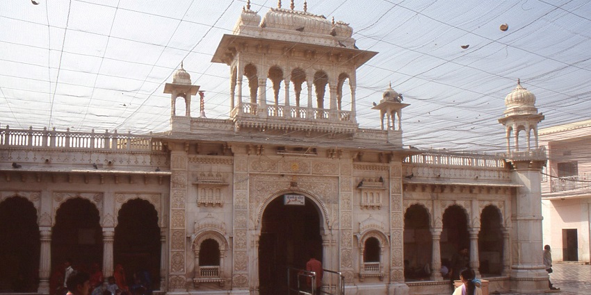 View of the courtyard in the temple of Tanot mata, with devotees wandering around