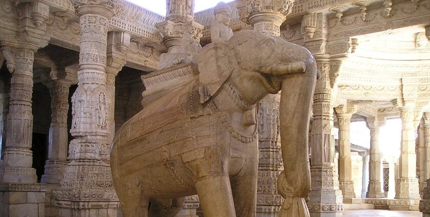 Statues and carvings at Tapovan Temple, featuring intricate architecture and details.