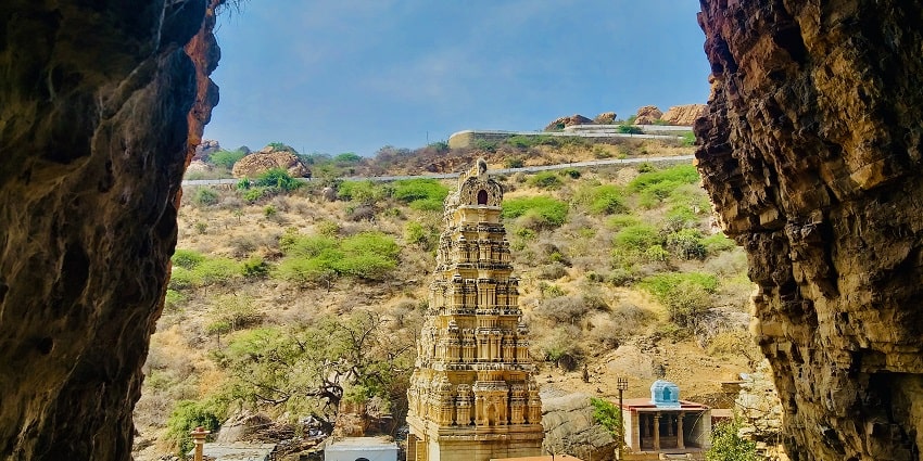 Panoramic view of the beautiful ancient hindu temple amidst the sandy hills of Andhra