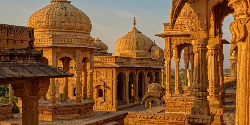 Golden glow on a temple, reminiscent of Gogaji Temple, a best place near Kalibanga Museum.