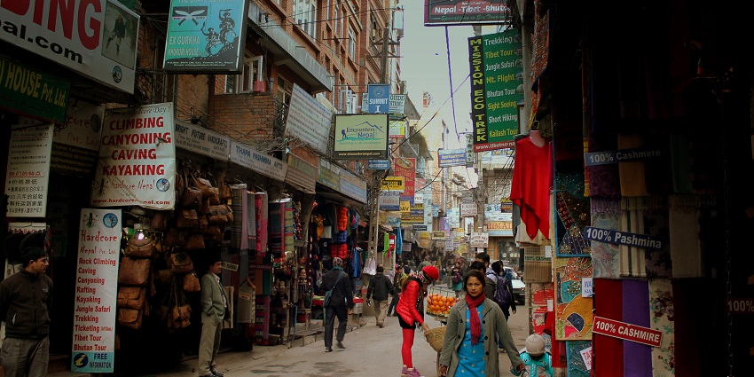 A view of the Thamel Marg in Kathmandu, an essential tourist hub in the city