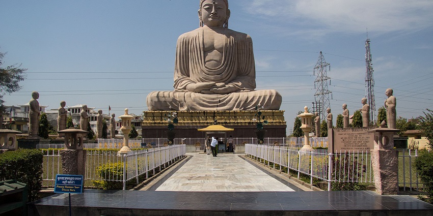 Tourists exploring near the Great Buddha Statue in Bodh Gaya City, Gaya District, Bihar.