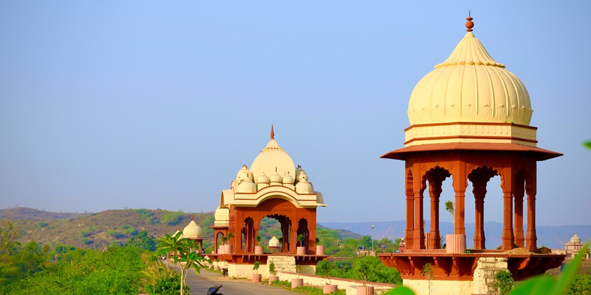 View of the historic Jaisamand Palace, renowned for its elegant architecture