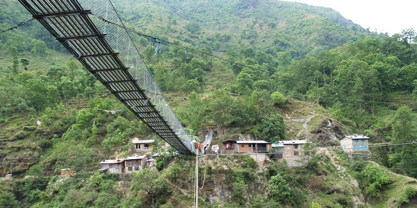 Aerial view of a bridge at The Last Resort in Nepal, used for bungee jumping in Nepal.