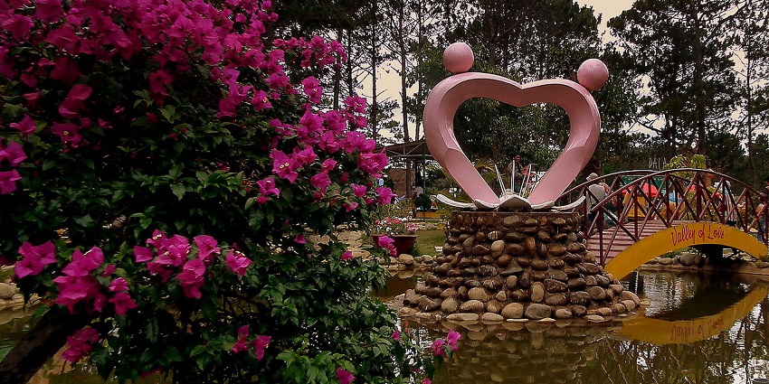 A serene view of the Valley Of Love decked with lush green trees and blooming flowers.