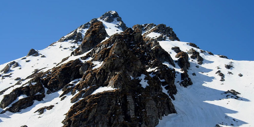 Snow-covered Sar Pass in Himachal Pradesh, with distant mountain peaks under a clear blue sky