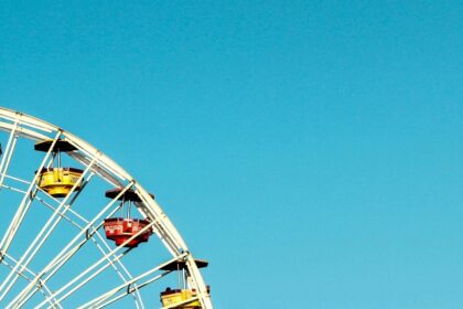 A glimpse of a giant ferris wheel with colourful seats in an adventure hub of the region.