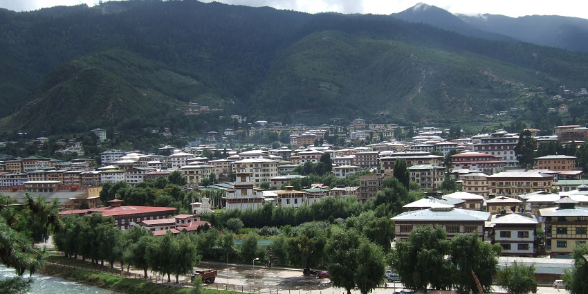 Places to see in Bhutan in May feature this stunning Thimphu view, showcasing both urban and mountainous scenery.
