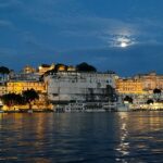 Panoramic view of Udaipur at night, highlighting its lakes and surrounding hills