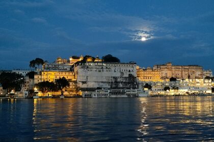 Panoramic view of Udaipur at night, highlighting its lakes and surrounding hills