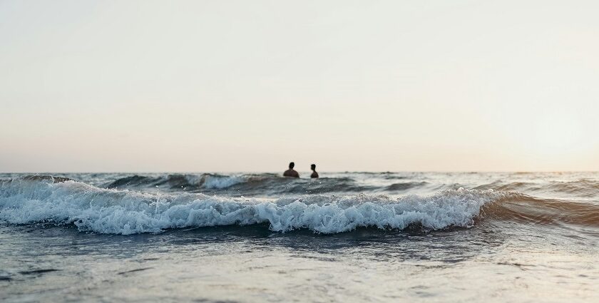 Two people standing in the middle of a beach enjoying water waves.