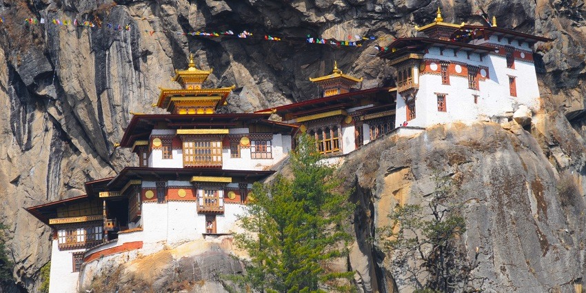 The iconic Tiger's Nest Monastery perched on a cliff in the upper Paro Valley, a famous place in Bhutan