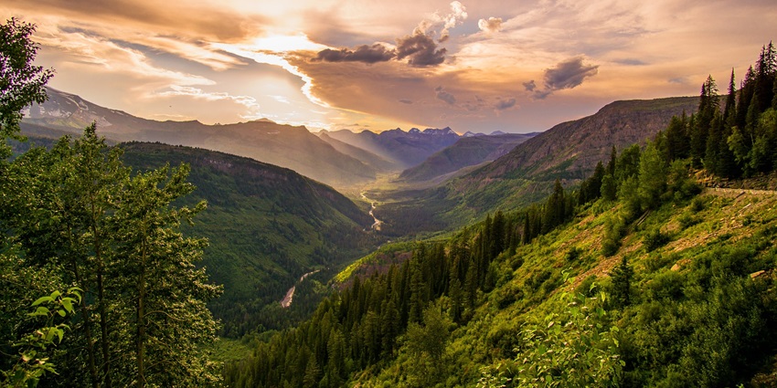 The crystal-clear Tirthan River flowing through a valley in Himachal Pradesh, amidst lush surroundings.
