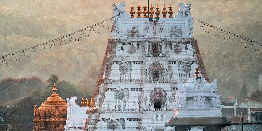 Distant view of the intricately carved roof of the Tirumala temple