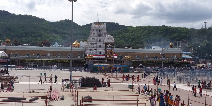 Exterior view of Venkateswara Temple in Tirupati, its grand architecture and intricate details.