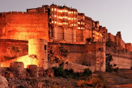 Image of the night view of Mehrangarh Fort, one of the major places to visit in Jodhpur.