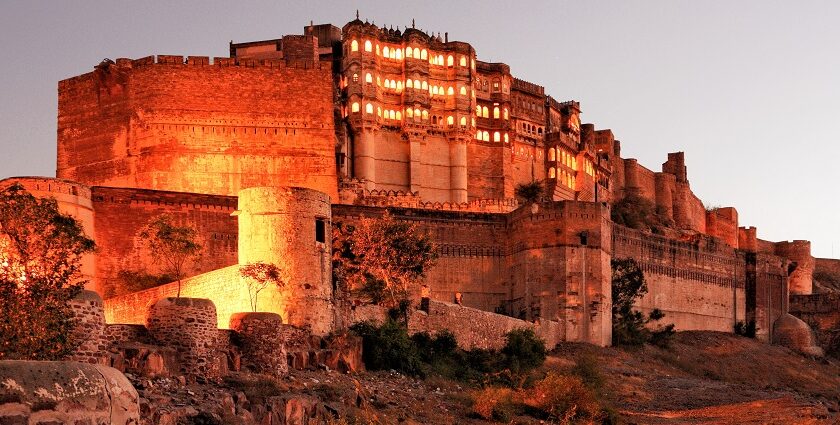 Image of the night view of Mehrangarh Fort, one of the major places to visit in Jodhpur.