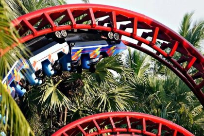 A thrilling roller coaster ride at one of the water parks in Jaipur, adding excitement to the day.