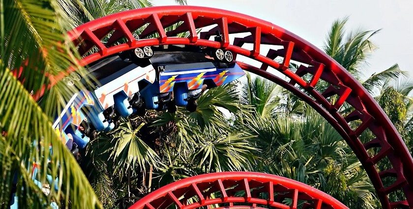 A thrilling roller coaster ride at one of the water parks in Jaipur, adding excitement to the day.