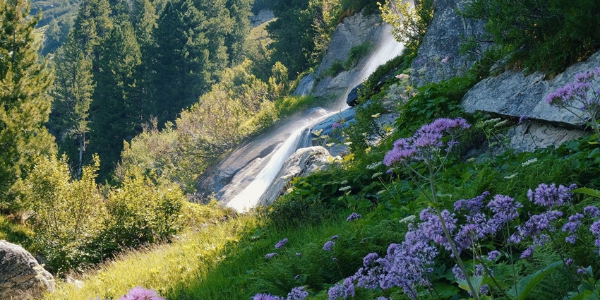 A stunning waterfall camp, similar to Tosh waterfall camp surrounded by lush greenery and mist.