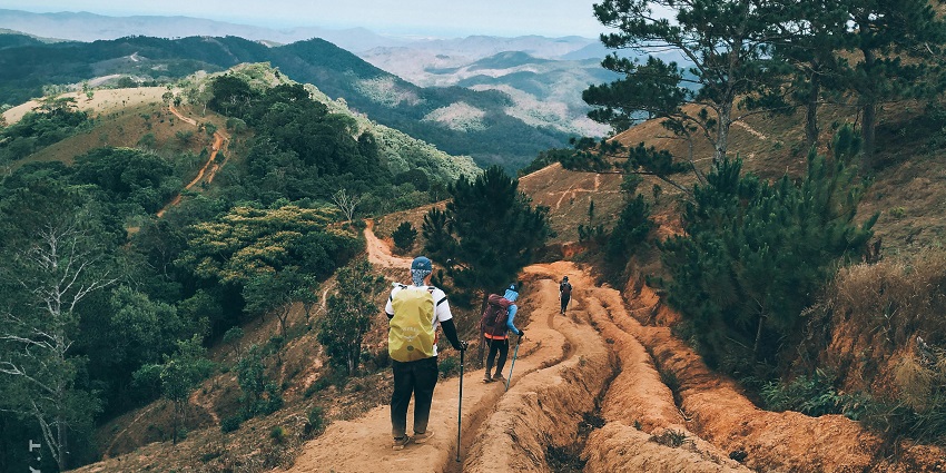 Scenic view of trekkers wandering the trails with lush landscapes lining and forested hills in background