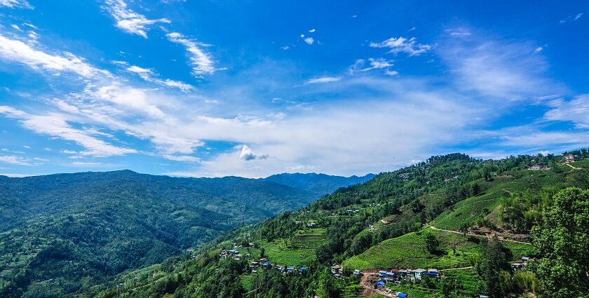 Scenic trails amidst Himalayan peaks in the background, perfect for trekking in Nepal.