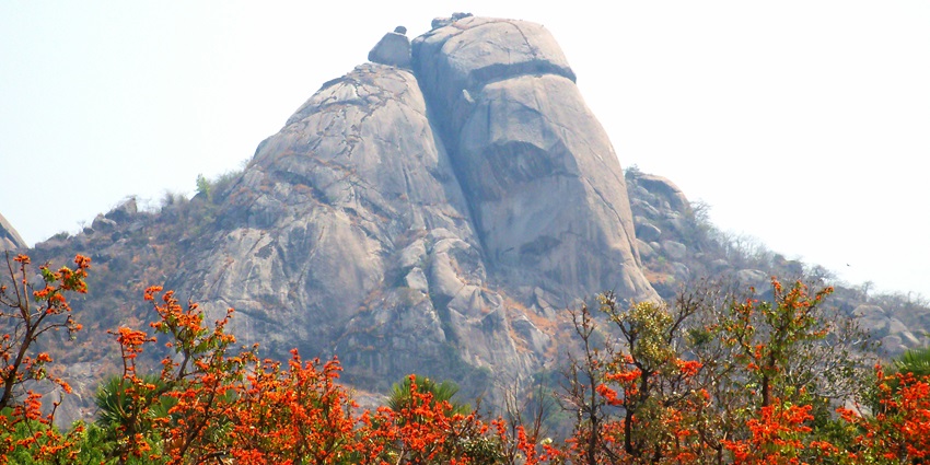 Distant view of Trikut Pahar, one of the famous attractions near Basukinath Temple