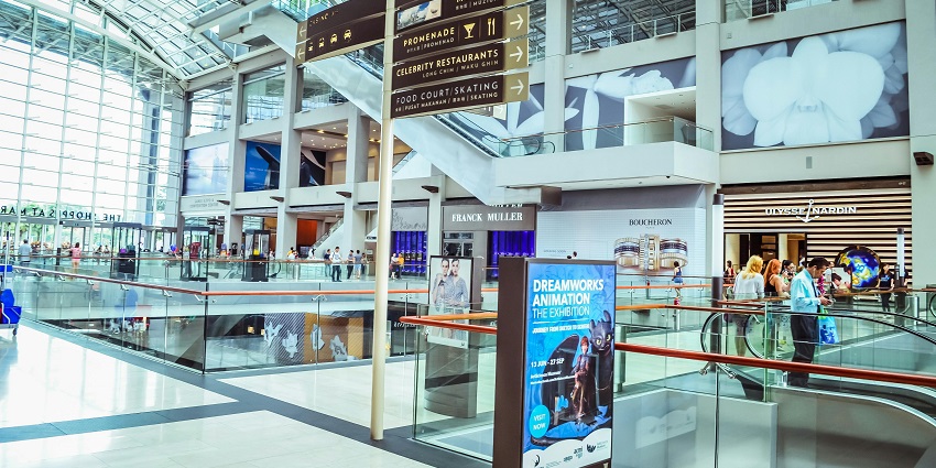 Interior of a shopping mall featuring multiple levels, stores, and shoppers enjoying their day