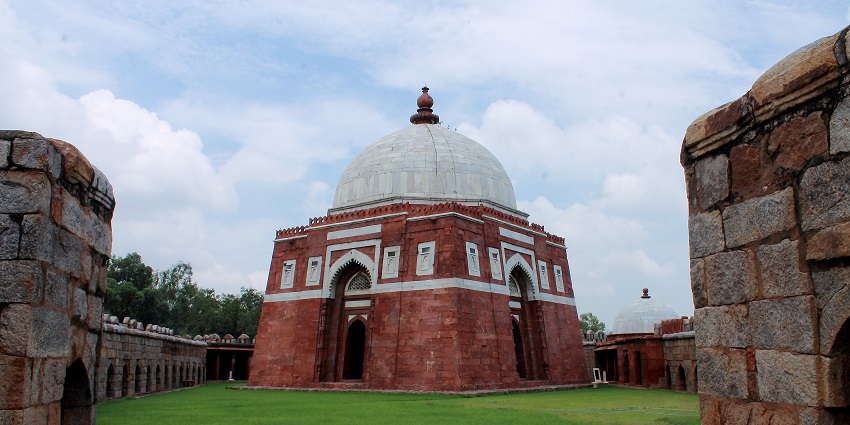 The tomb of the ruler who built the Tughlaqabad Fort with a garden surrounding the tomb