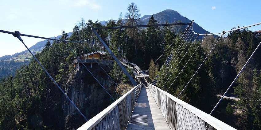 View of a bungee jumping bridge with lush trees all around it