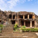 A panoramic view of Udayagiri and Khandagiri Caves with rock-cut infrastructure in Odisha